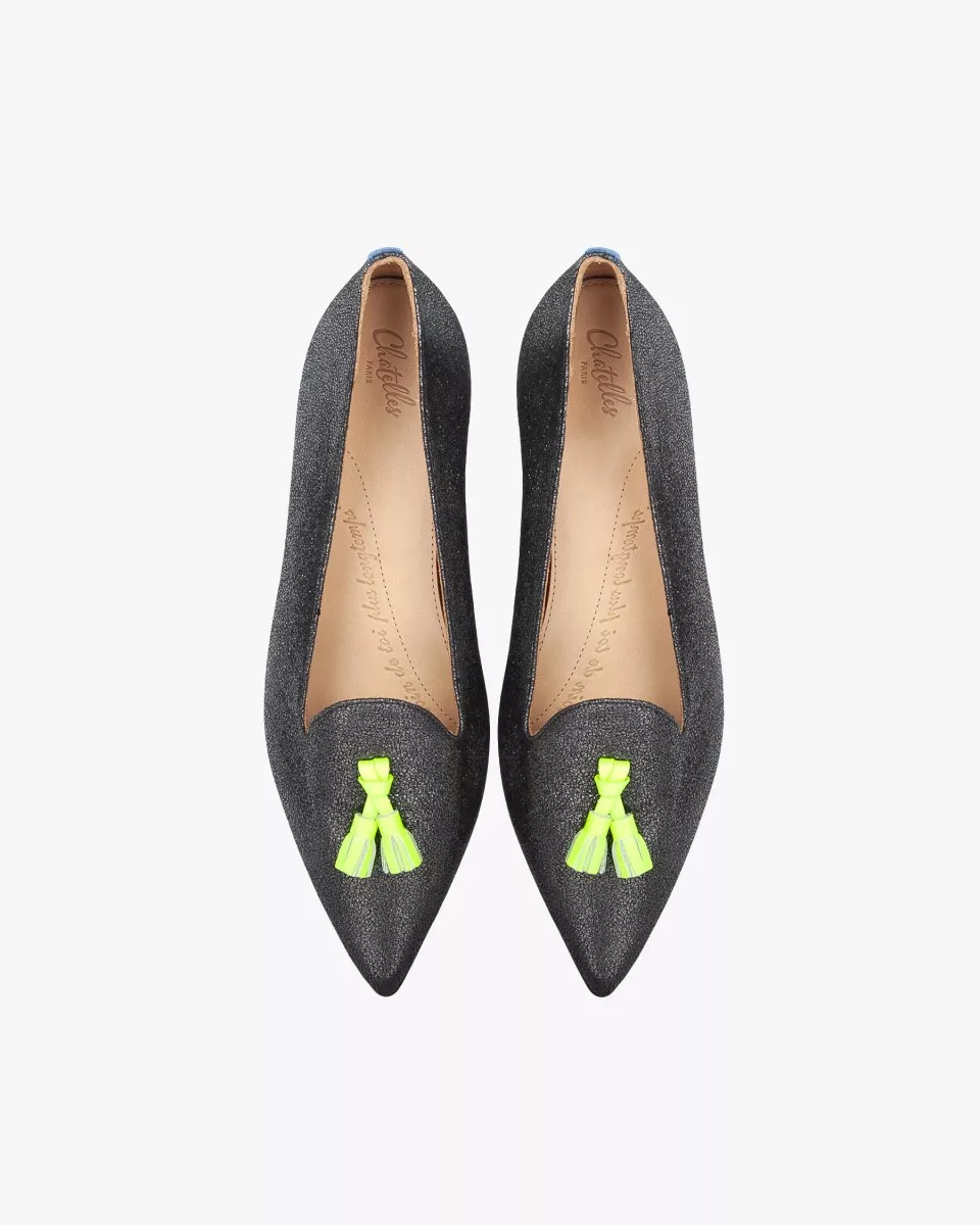 Isidore in black suede with silver crackle effect and neon yellow tassels