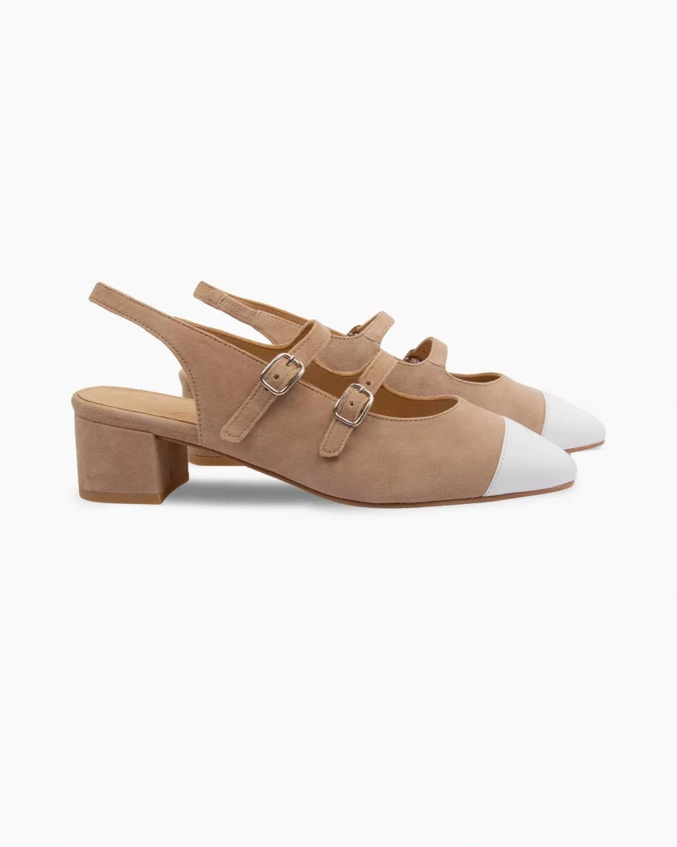 Sand leather slingback babies with a White toe