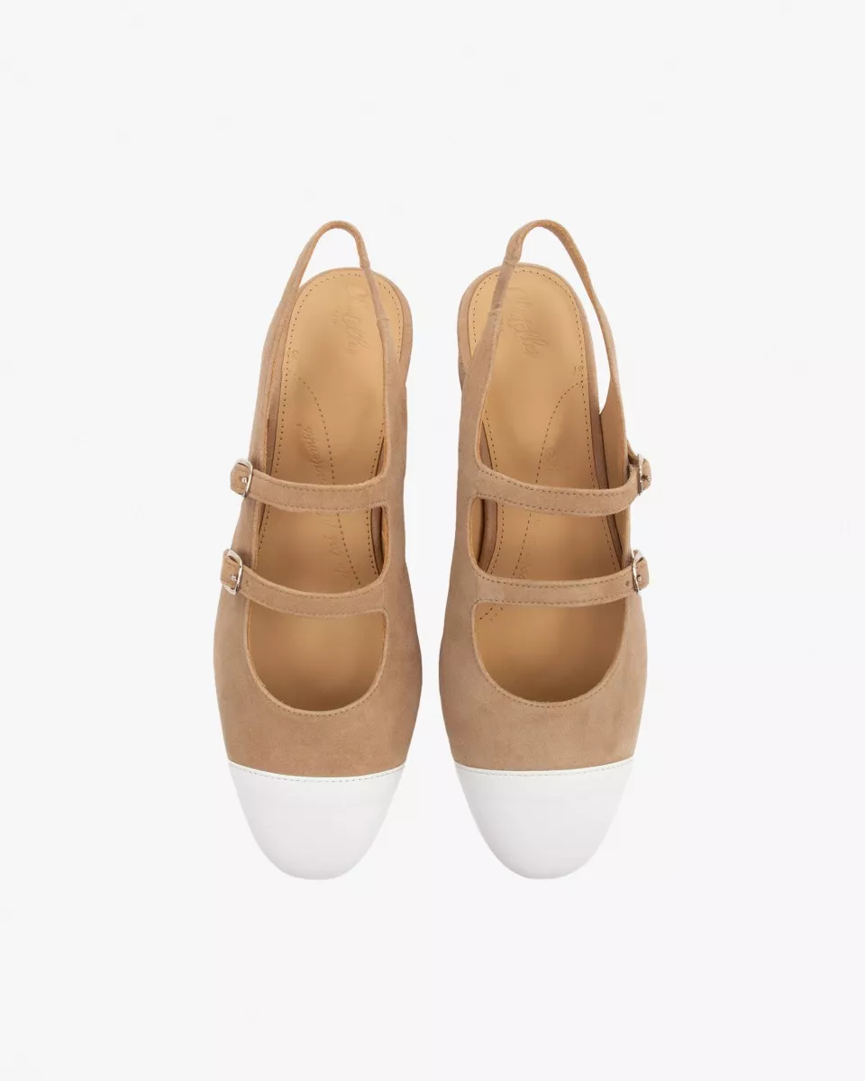 Sand leather slingback babies with a White toe