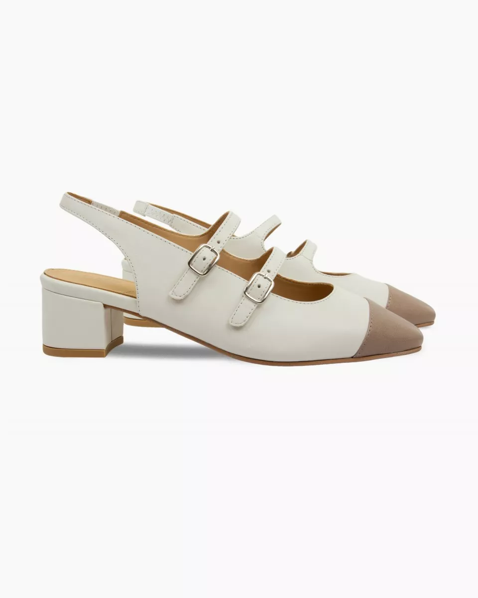 White leather slingback babies with a Sand toe