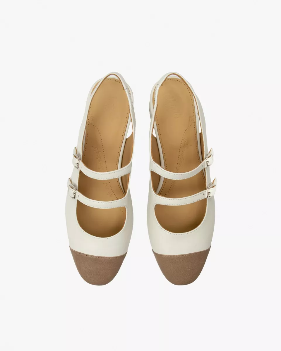 White leather slingback babies with a Sand toe