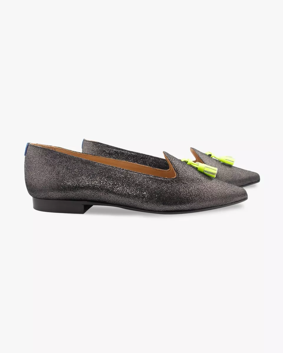 Isidore in black suede with silver crackle effect and neon yellow tassels