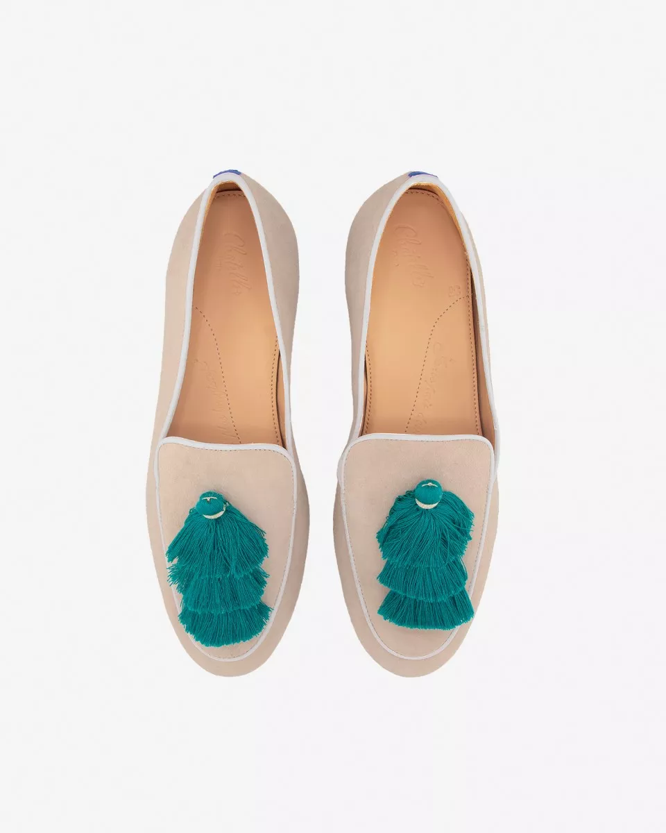 Light camel suede mocassins with triple turquoise tassels