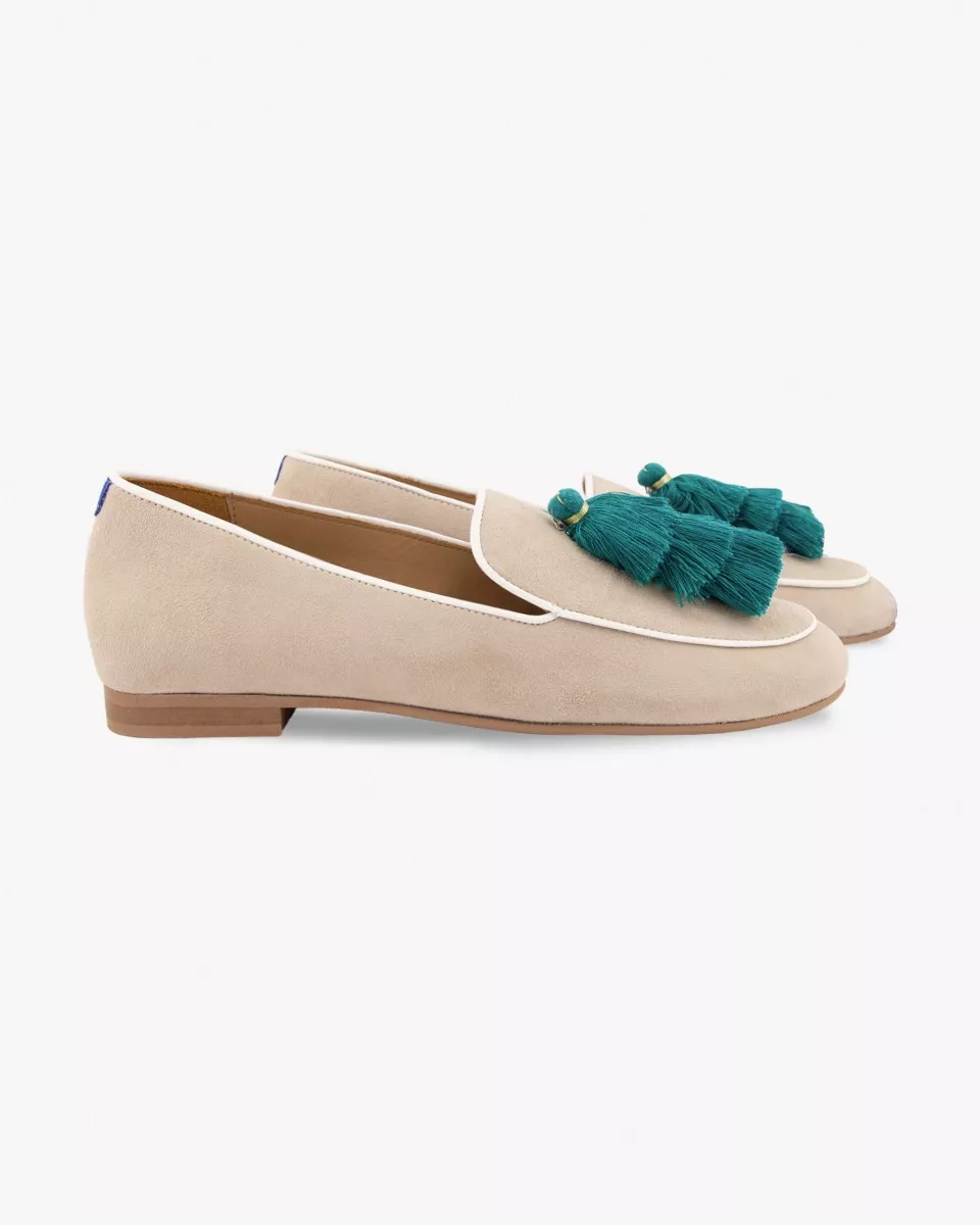 Light camel suede mocassins with triple turquoise tassels