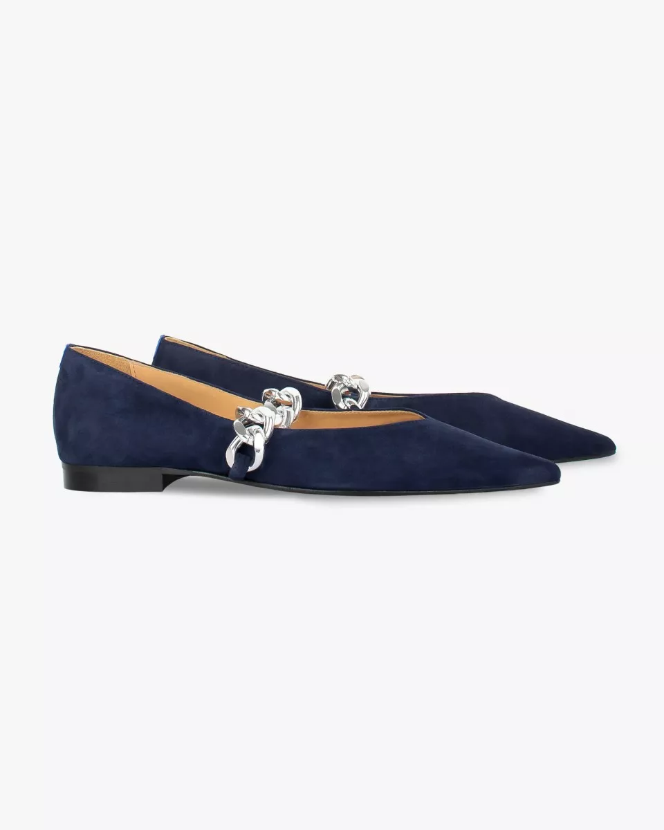 Navy pointy slippers with silver chain