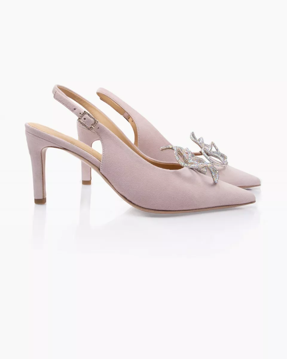 Pale Pink suede stilettos adorned with a flower-shaped jewel (interchangeable clip), by Inés de Cominges